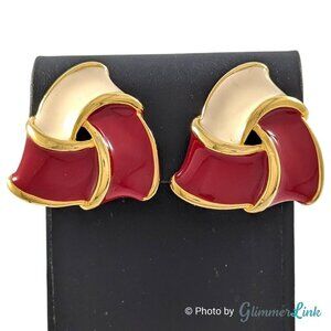 Vintage Red & Cream Enamel Triad Knot Large Chunky Gold Tone Clip On Earrings